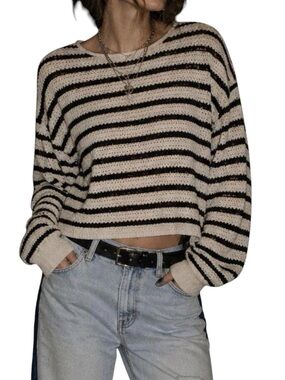 ❤️Blu Pepper Women’s Black & White Striped Oversized Fall Crew Sweater L